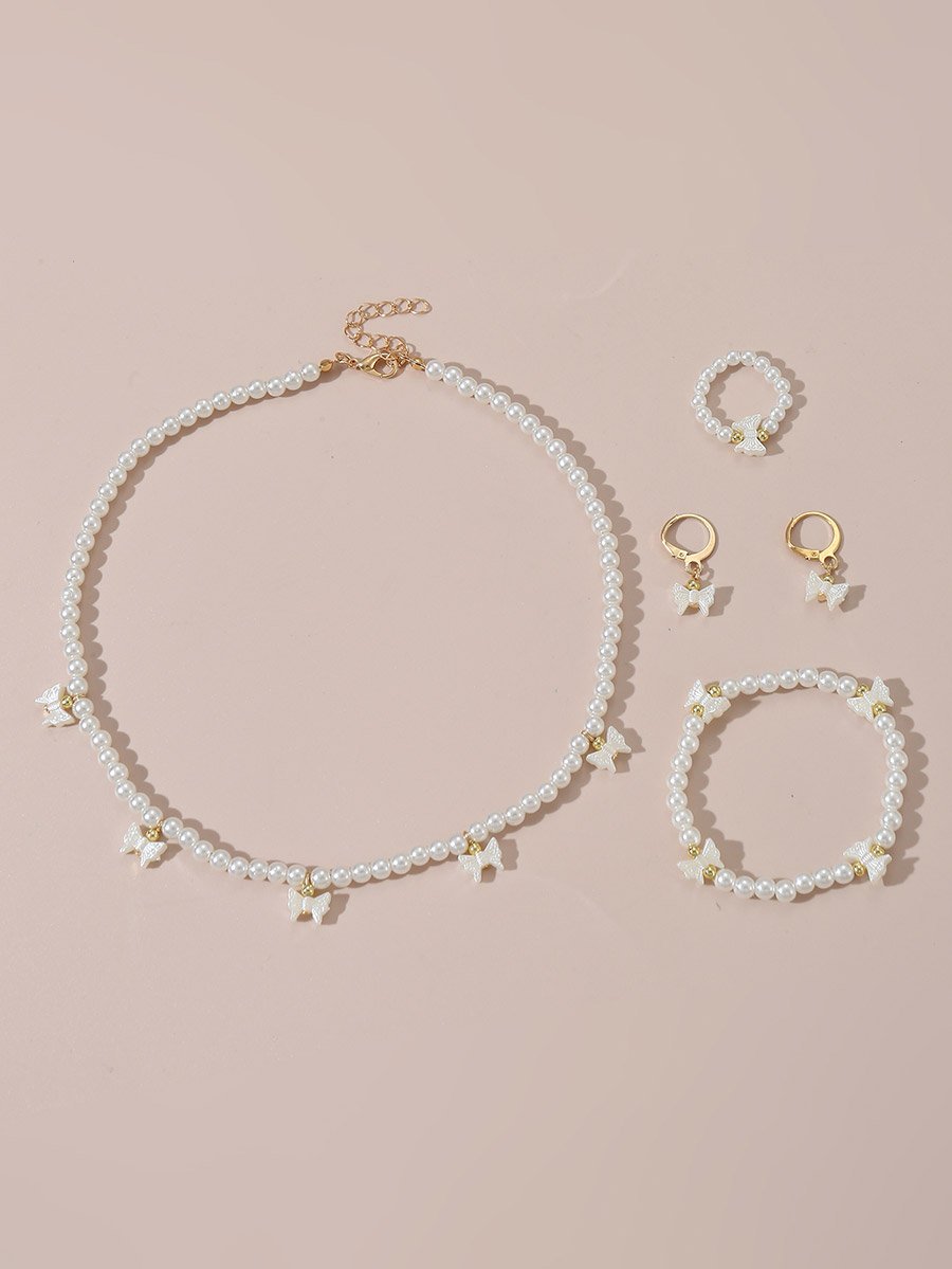 Set of 4 - Bow Pendant Faux Pearl Necklace, Bracelet, Earrings and Ring