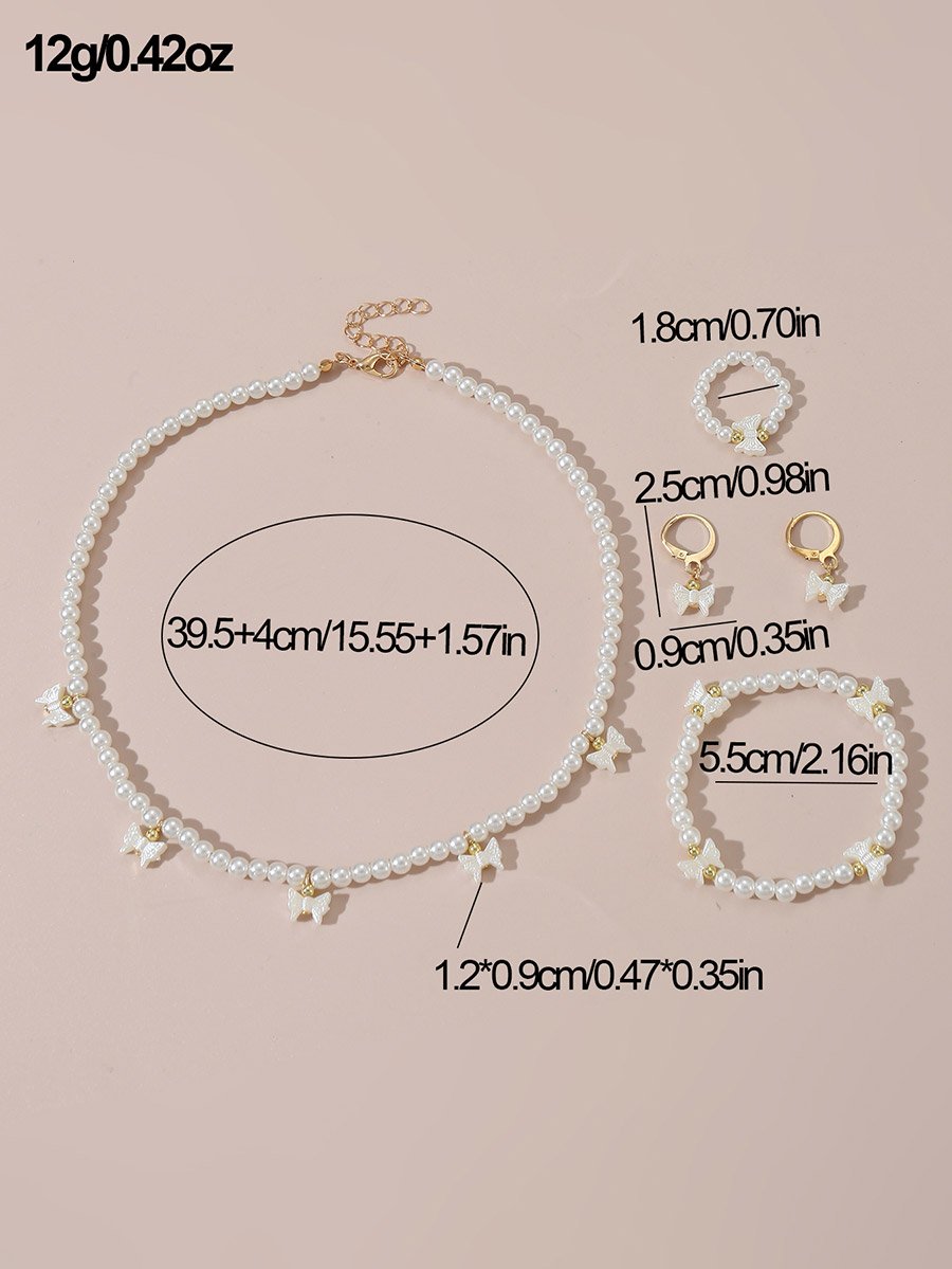 Set of 4 - Bow Pendant Faux Pearl Necklace, Bracelet, Earrings and Ring