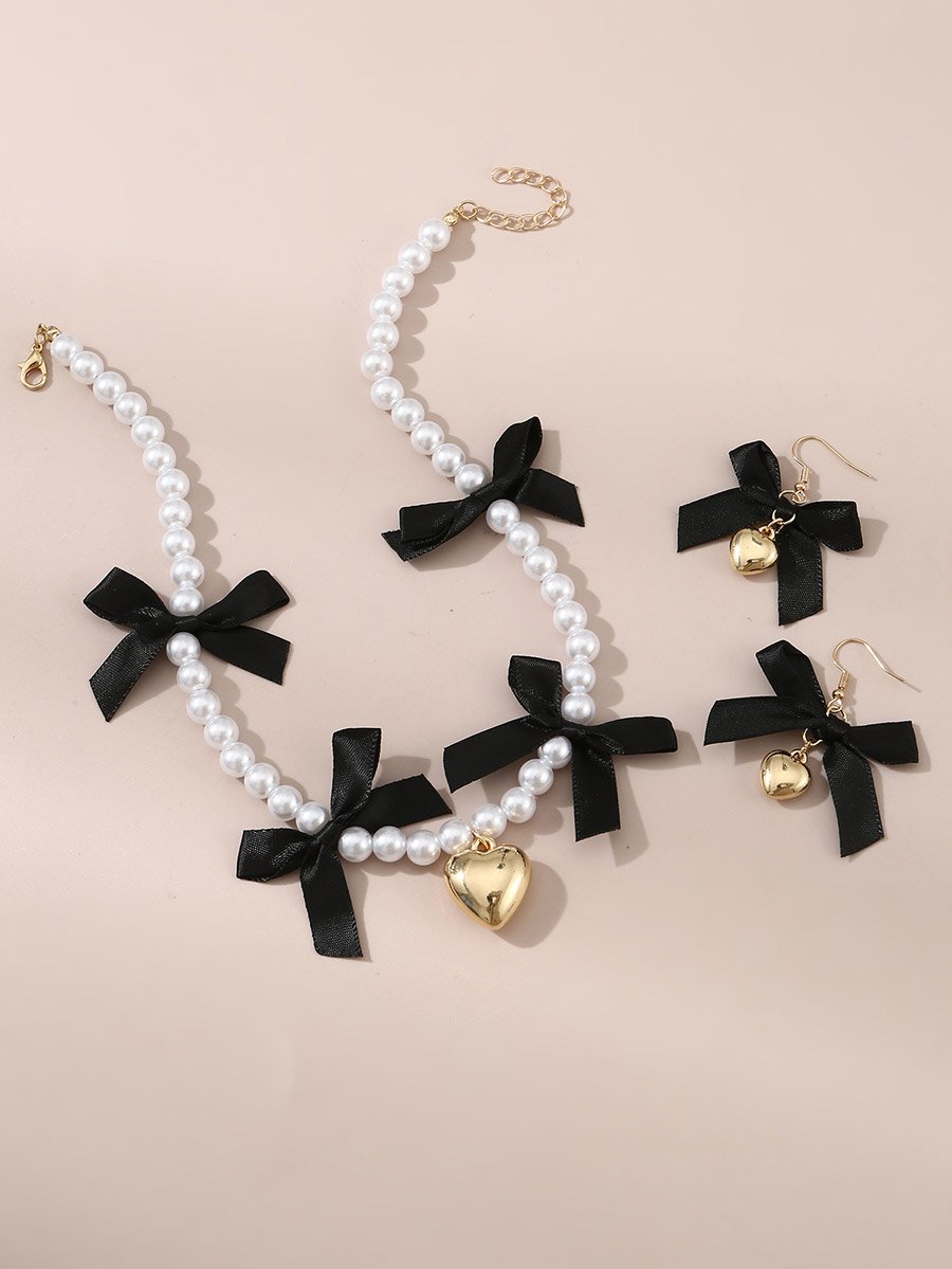 Set of 2 - Faux Pearl Embellished Pendant Necklace and Earrings