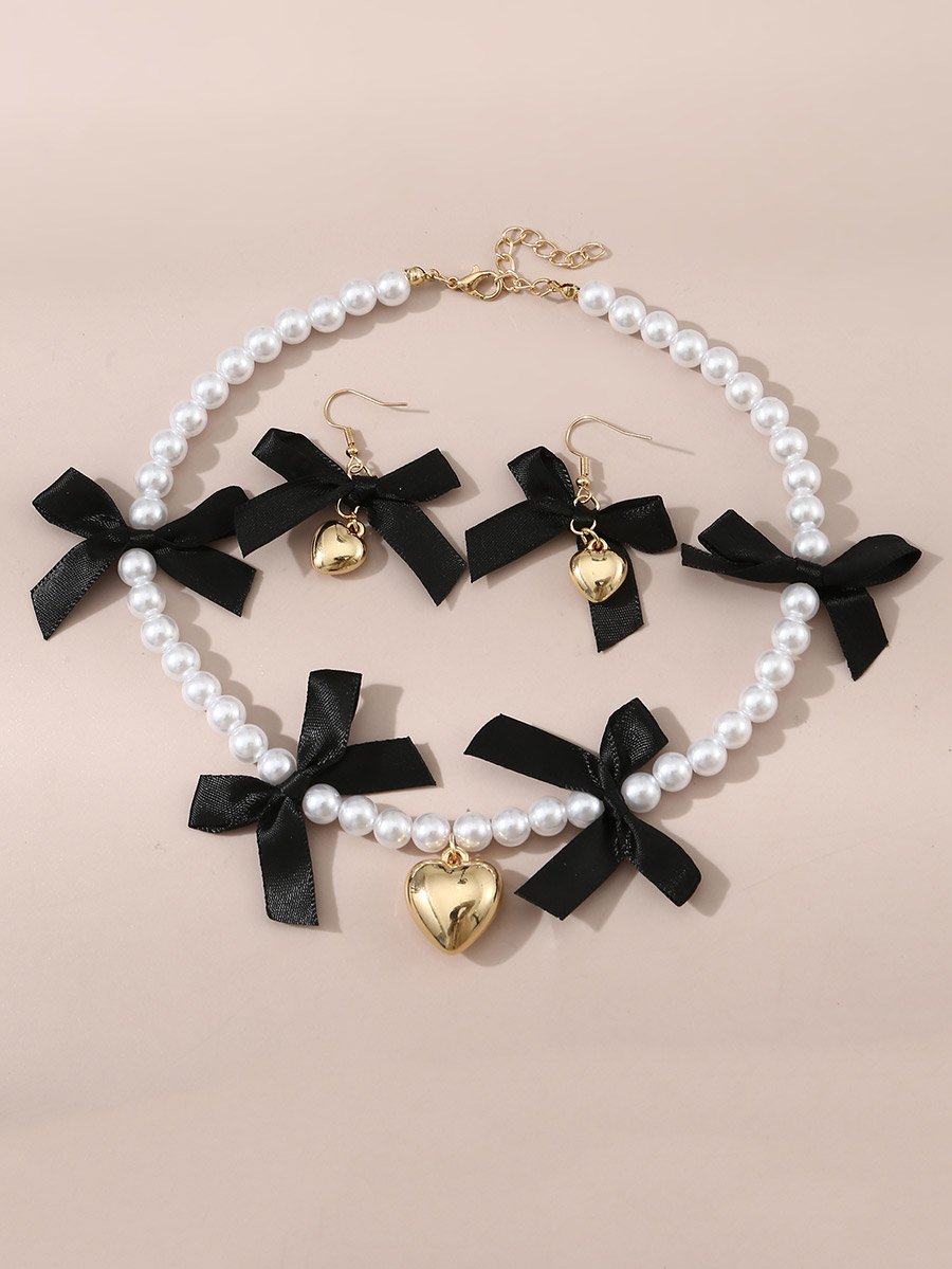 Set of 2 - Faux Pearl Embellished Pendant Necklace and Earrings