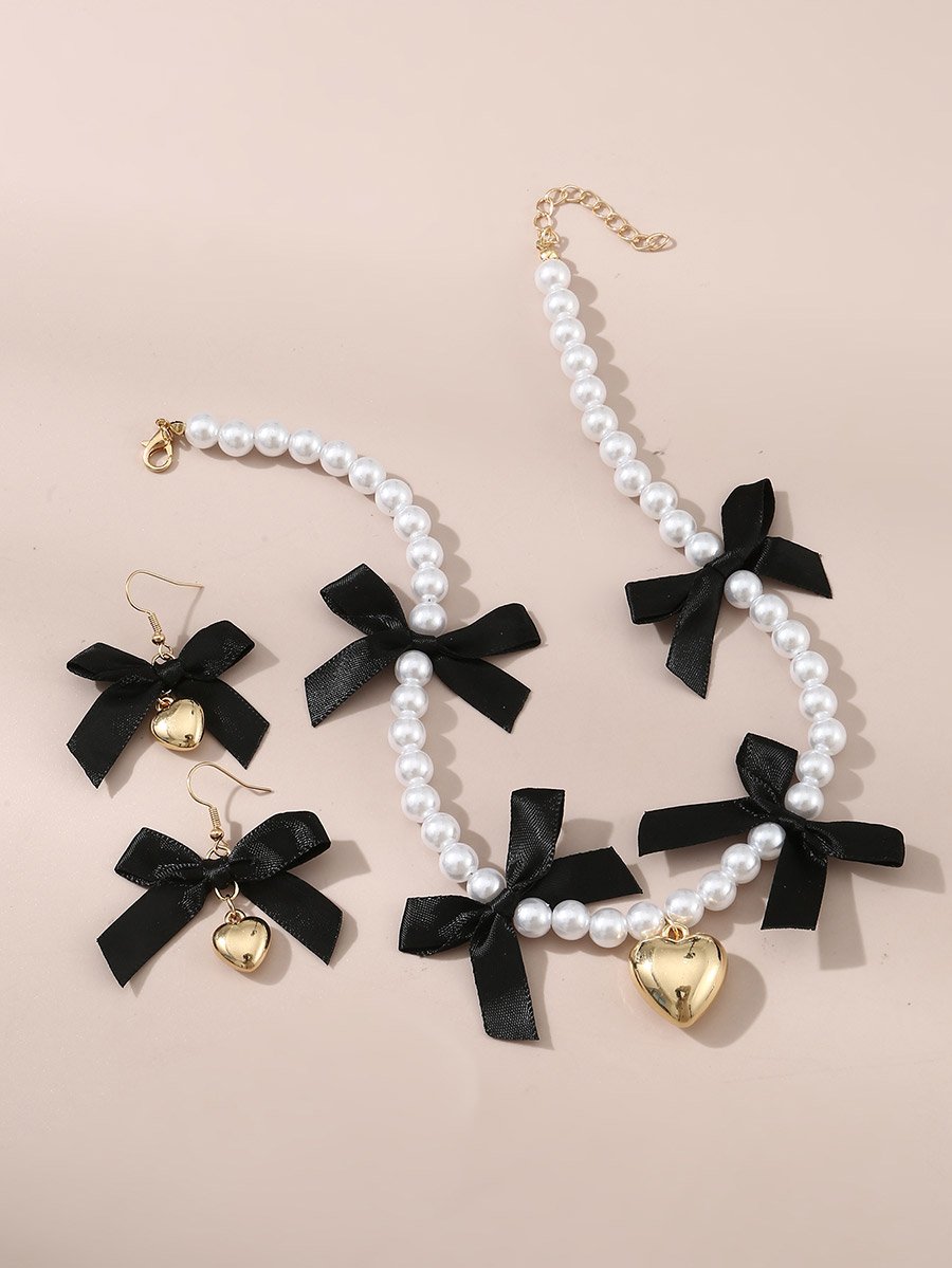 Set of 2 - Faux Pearl Embellished Pendant Necklace and Earrings