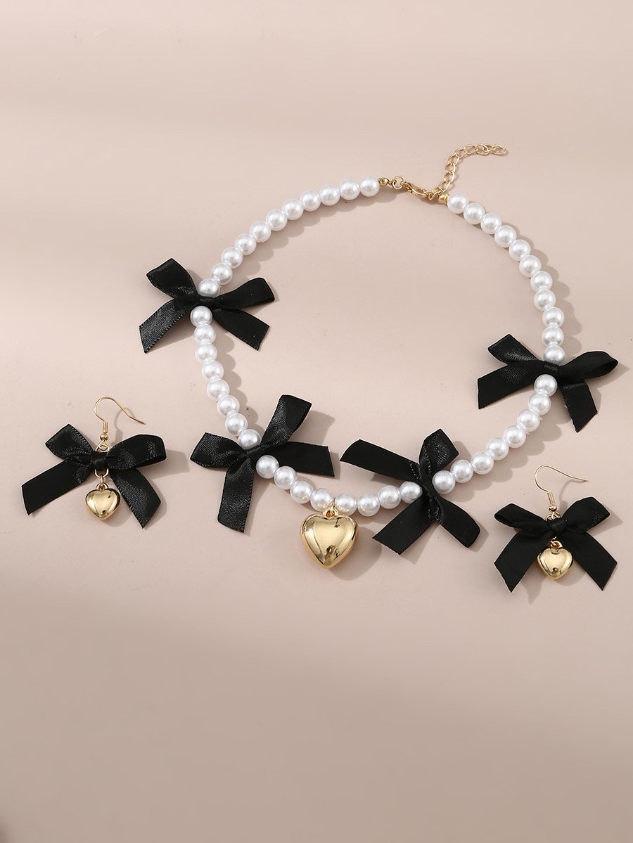Set of 2 - Faux Pearl Embellished Pendant Necklace and Earrings