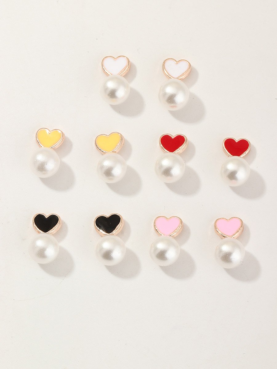 Set of 5 - Heart Shape with Faux Pearl Drop Earrings