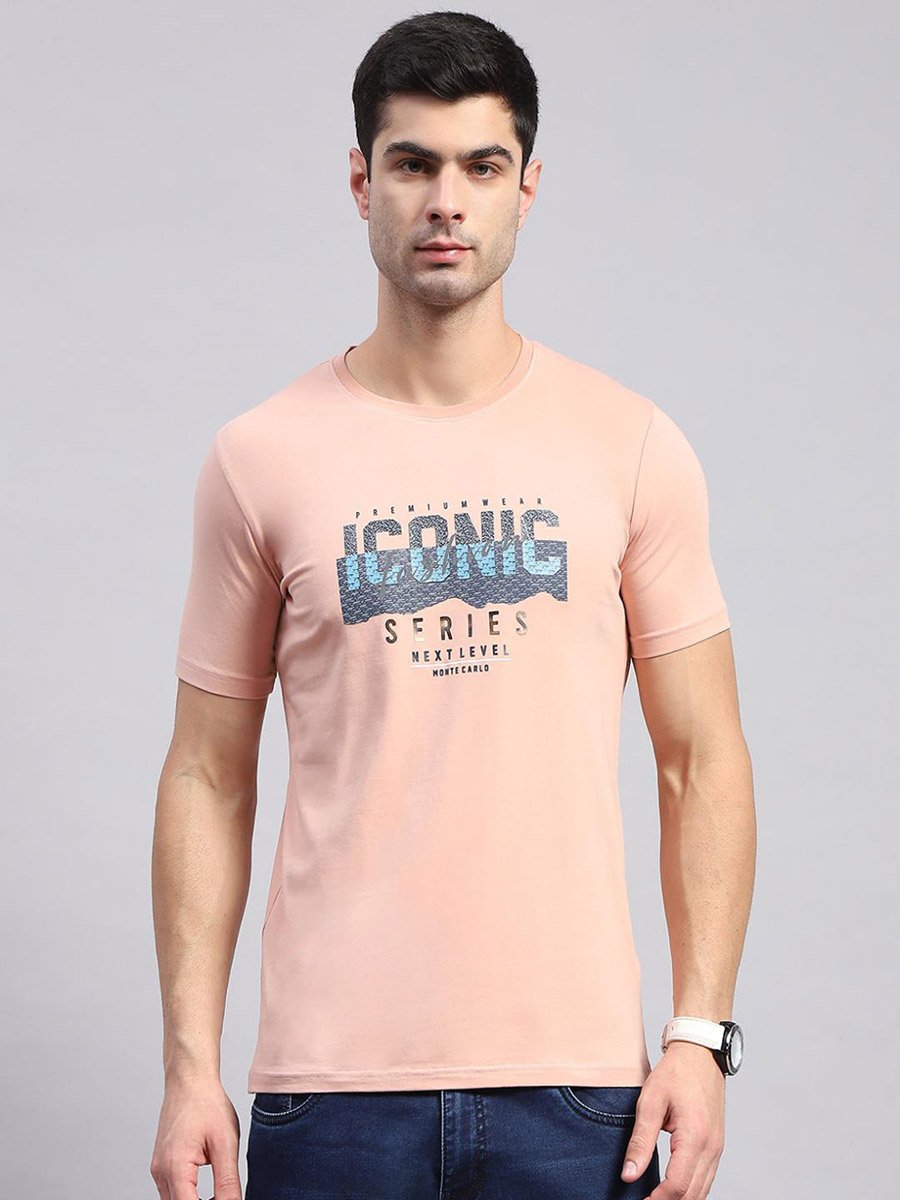 Men Peach Printed Round Neck T Shirt