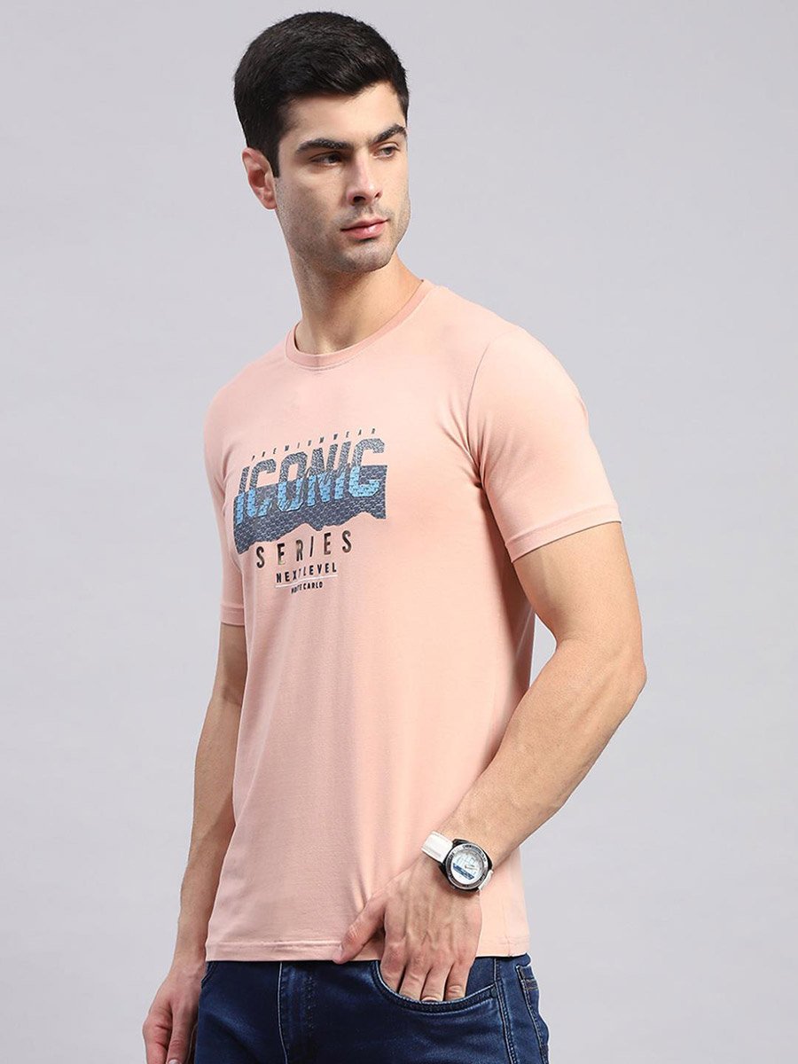 Men Peach Printed Round Neck T Shirt