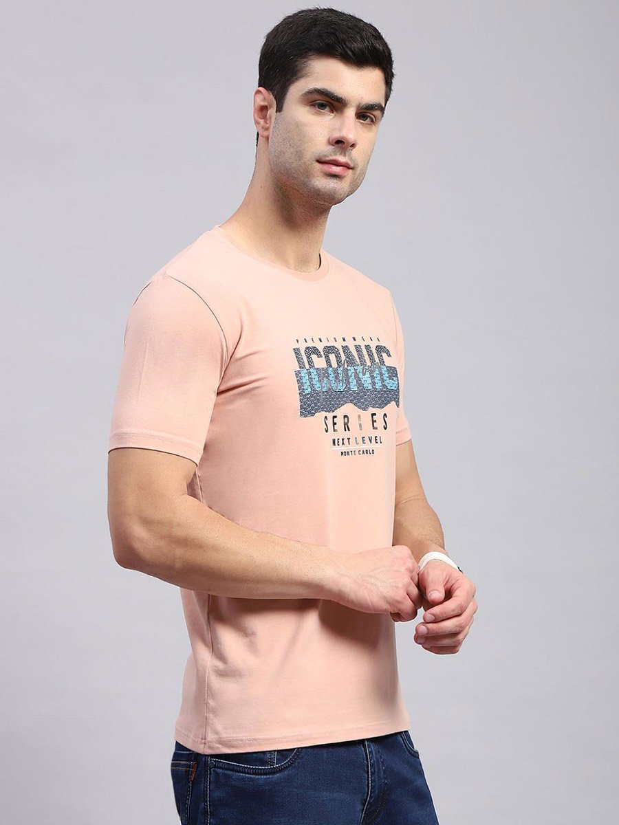 Men Peach Printed Round Neck T Shirt