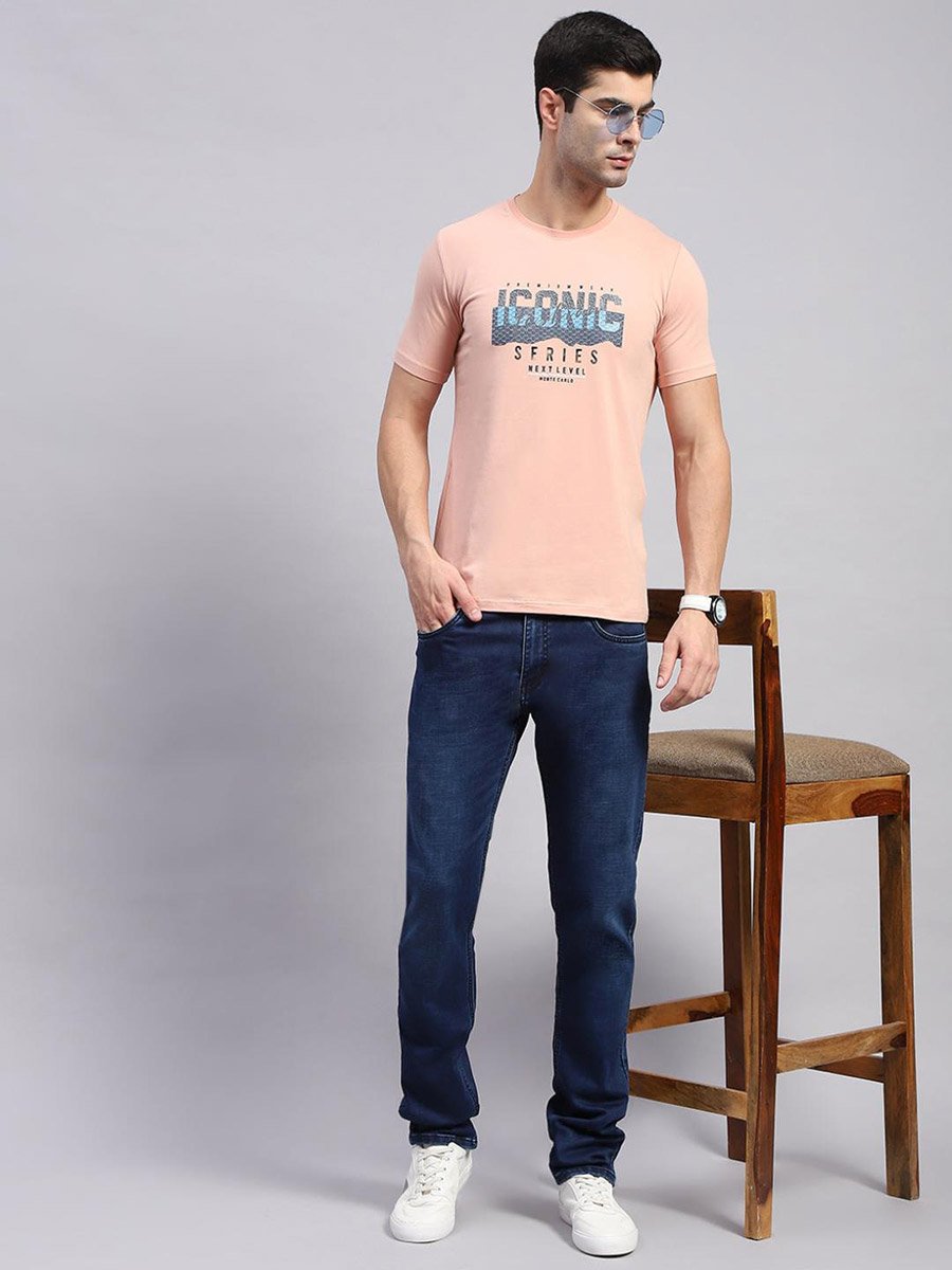 Men Peach Printed Round Neck T Shirt