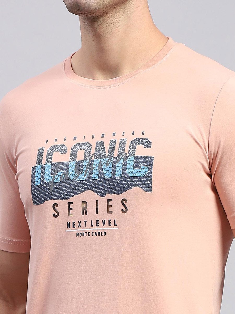Men Peach Printed Round Neck T Shirt