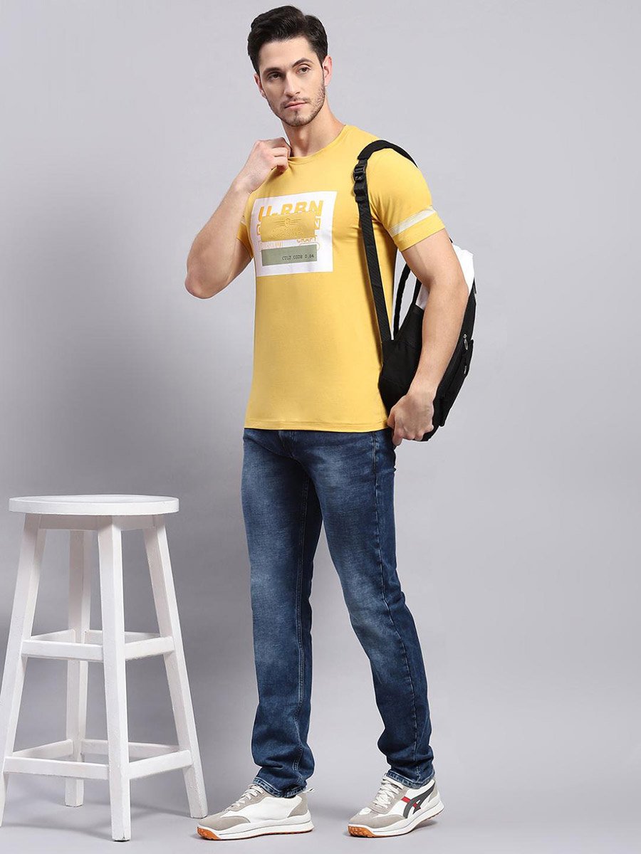 Regular Fit Mustard Printed Round Neck TShirt