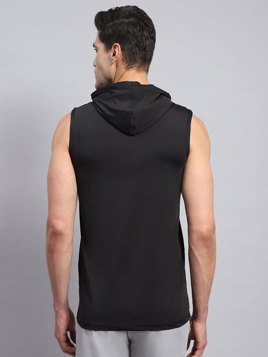 Men Black Sleeveless Hooded TShirt