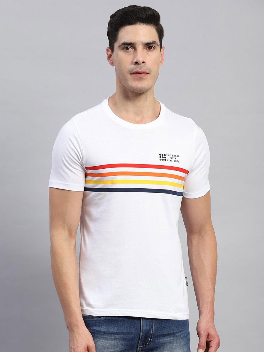 Men White Striped Round Neck T Shirt 