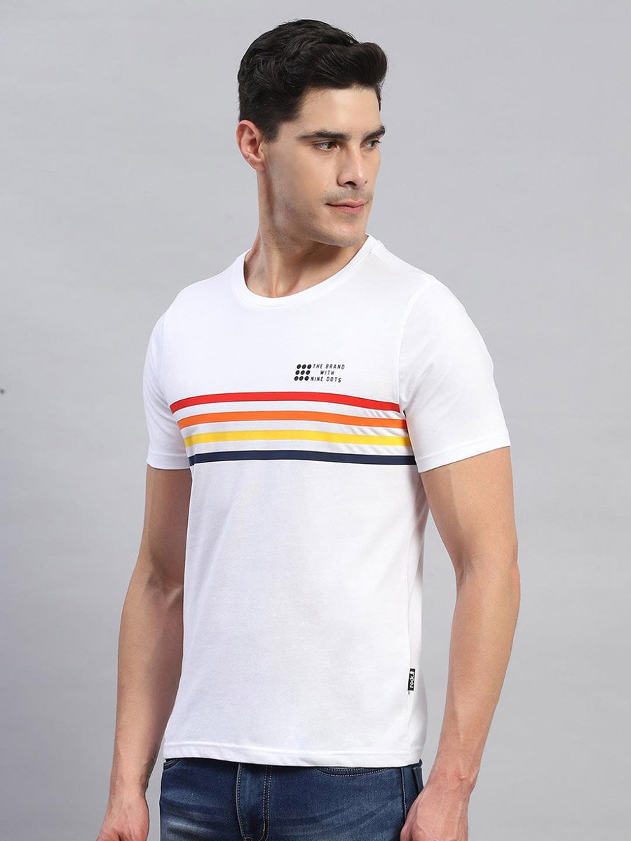 Men White Striped Round Neck T Shirt 
