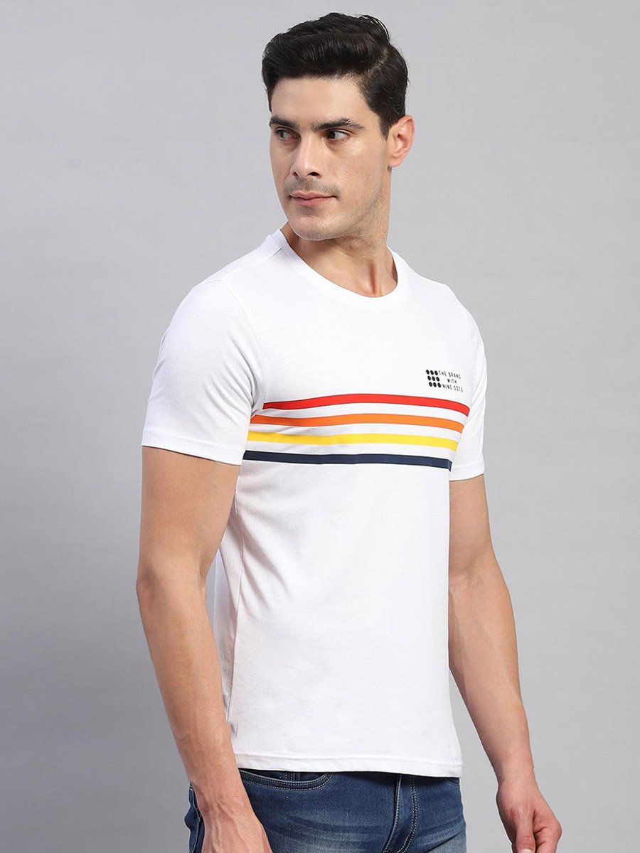 Men White Striped Round Neck T Shirt 
