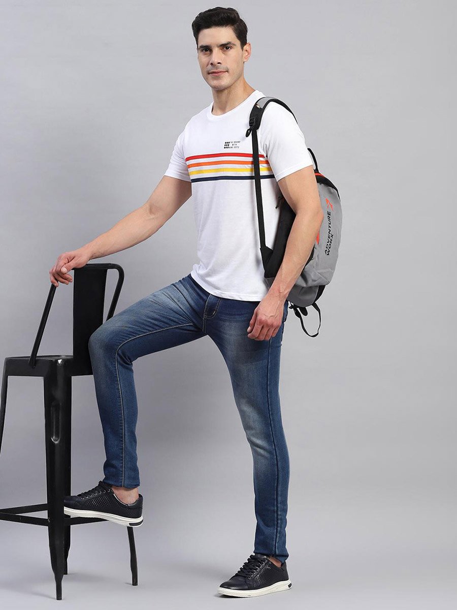 Men White Striped Round Neck T Shirt 