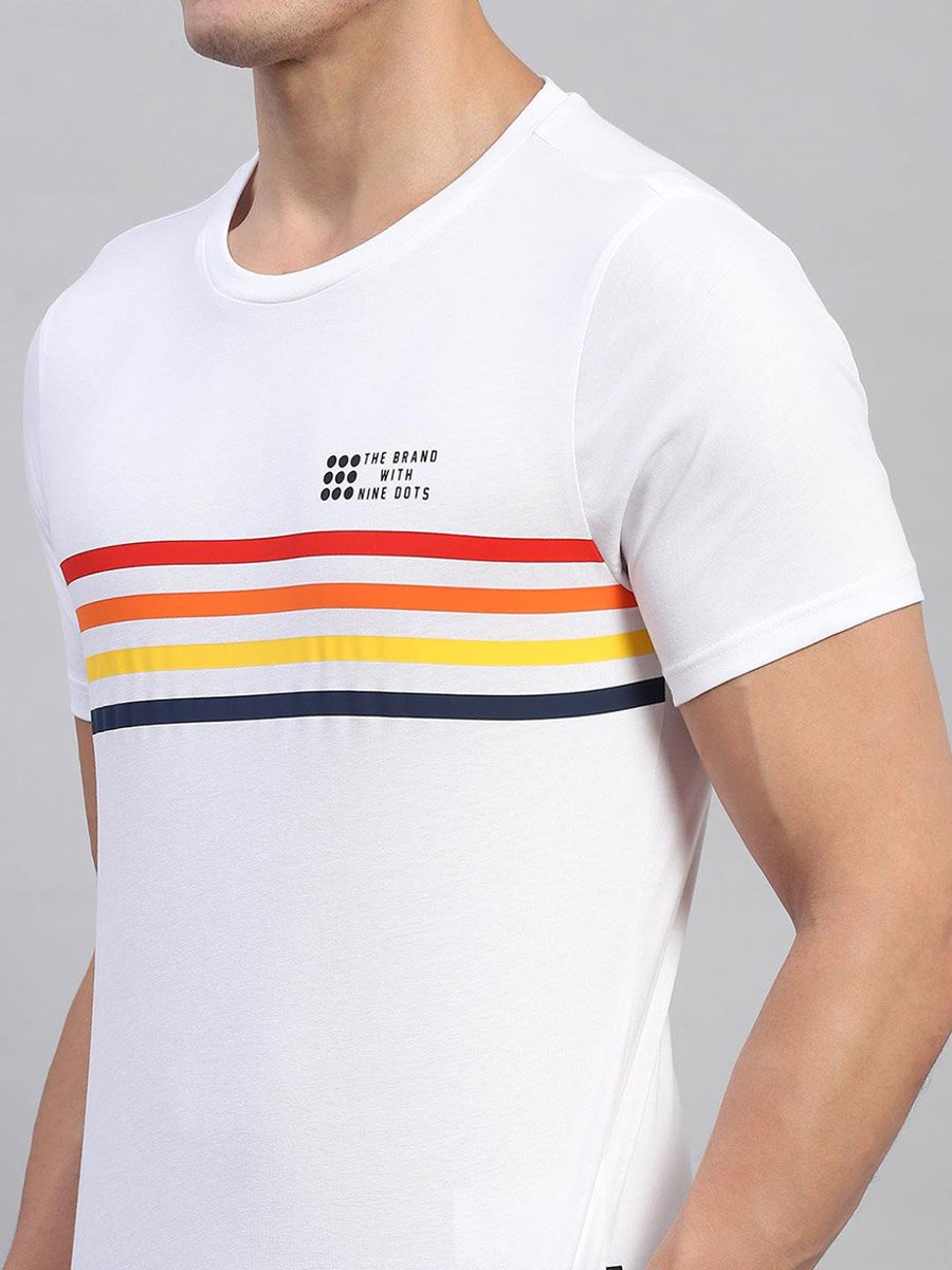 Men White Striped Round Neck T Shirt 