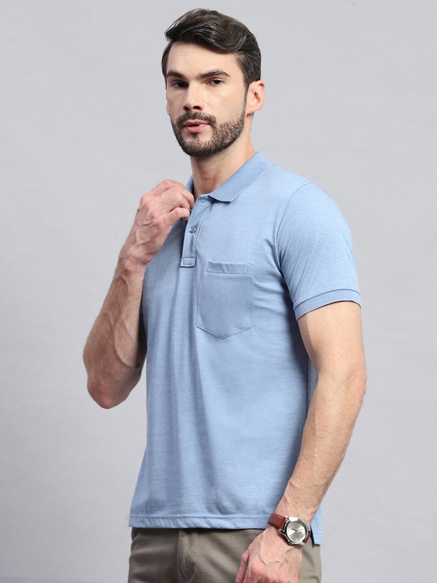 Men Blue Solid Collared Neck Half sleeve T-shirt