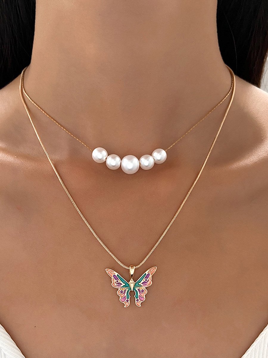 Butterfly and Faux Pearl Drop Layered Necklace