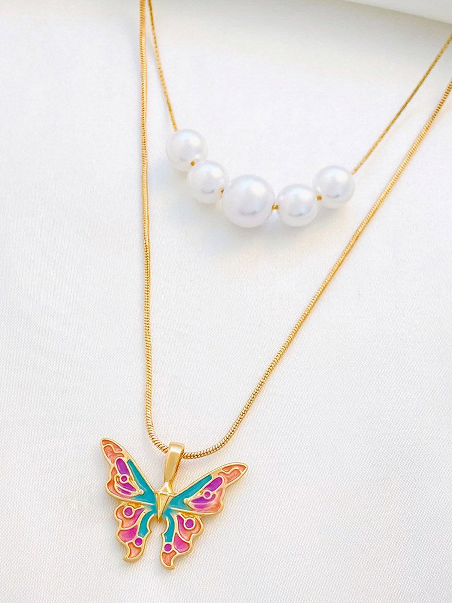Butterfly and Faux Pearl Drop Layered Necklace