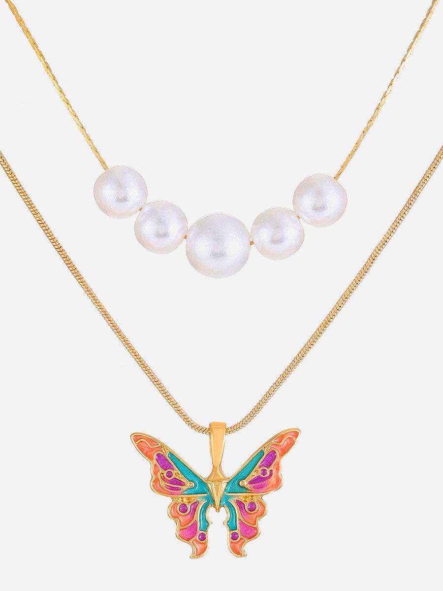 Butterfly and Faux Pearl Drop Layered Necklace