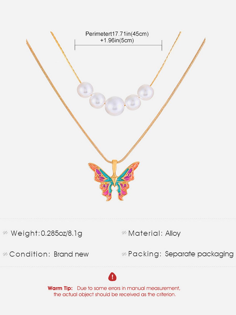 Butterfly and Faux Pearl Drop Layered Necklace
