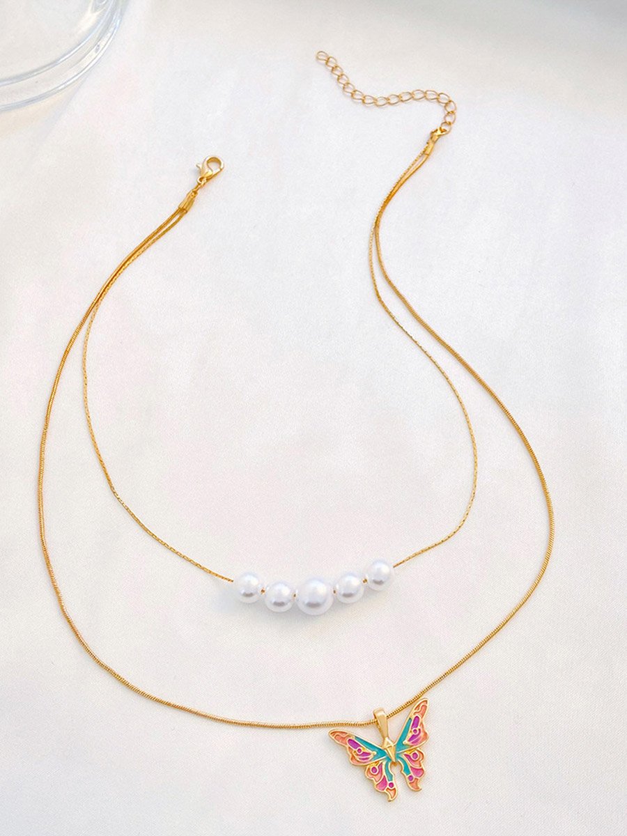 Butterfly and Faux Pearl Drop Layered Necklace