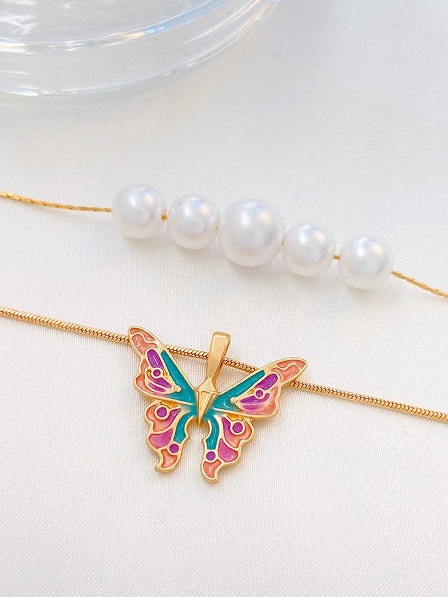 Butterfly and Faux Pearl Drop Layered Necklace