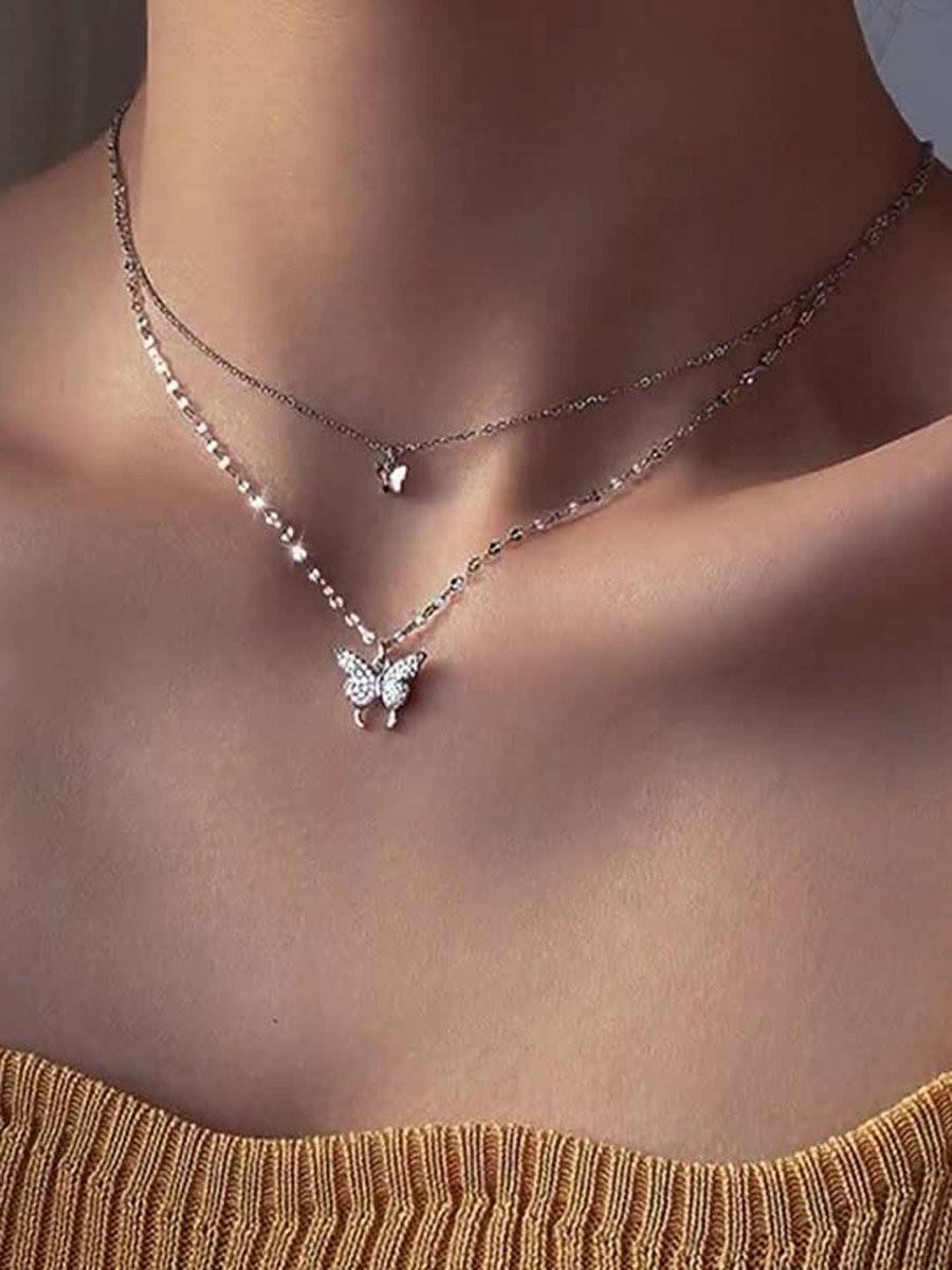 Rhinestone Butterfly Layered Necklace