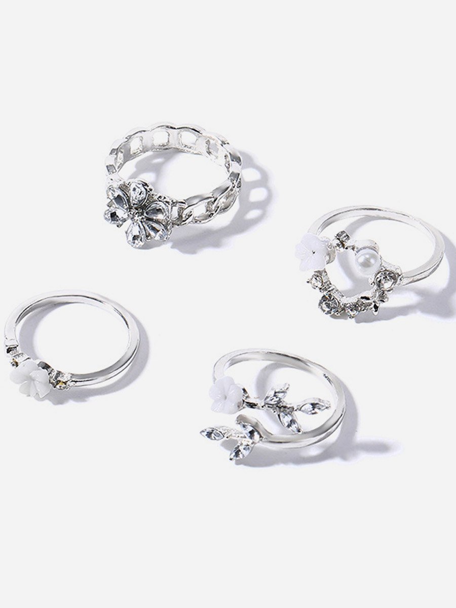 Set of 4 - Faux Pearl and Flower Accent Ring