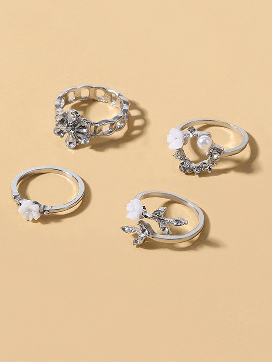 Set of 4 - Faux Pearl and Flower Accent Ring