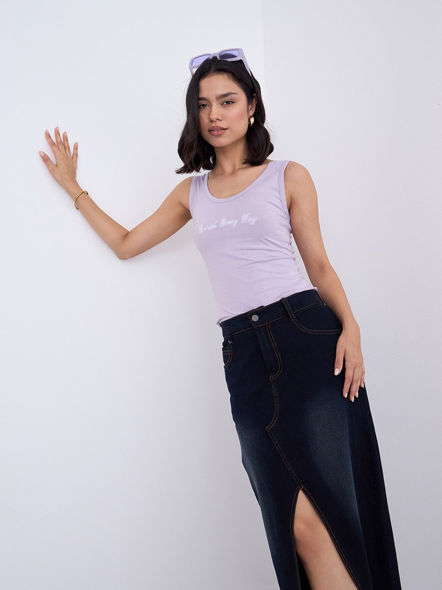 Lilac Fitted Embroidered 100% Cotton Tank