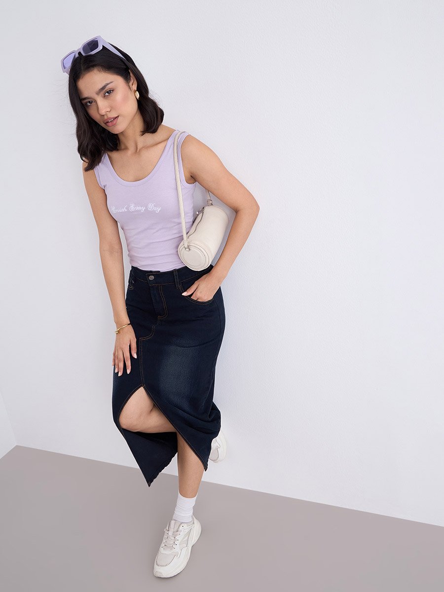 Lilac Fitted Embroidered 100% Cotton Tank