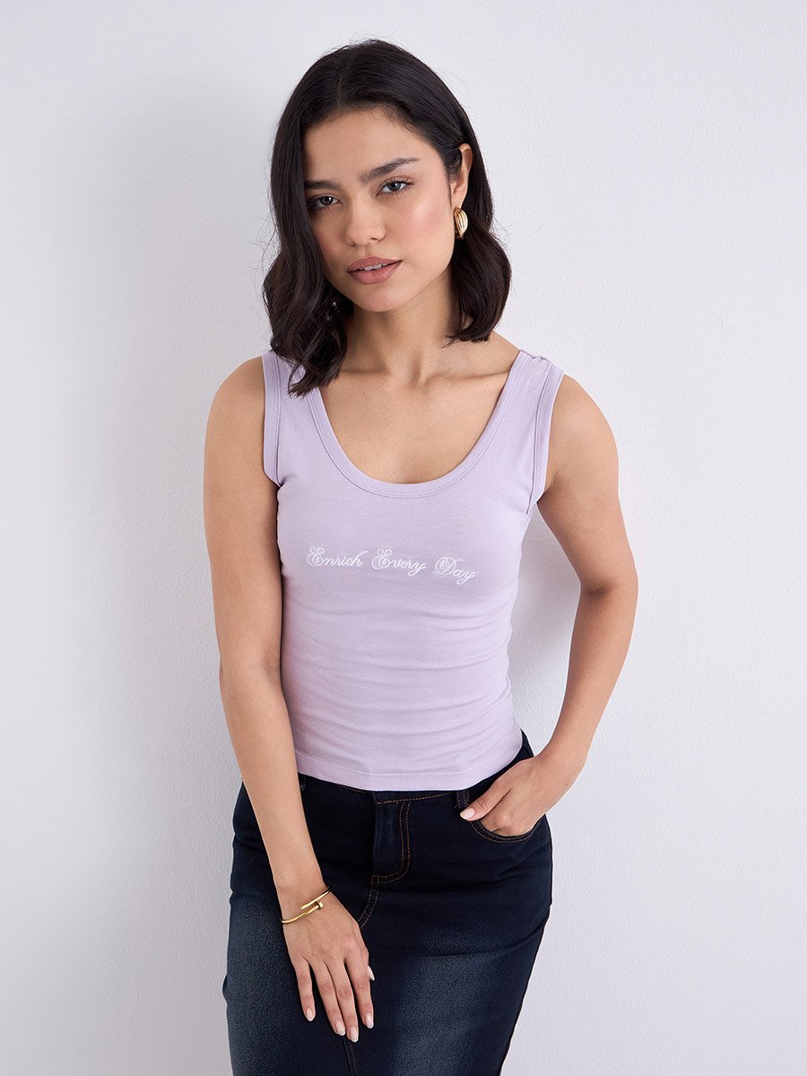 Lilac Fitted Embroidered 100% Cotton Tank
