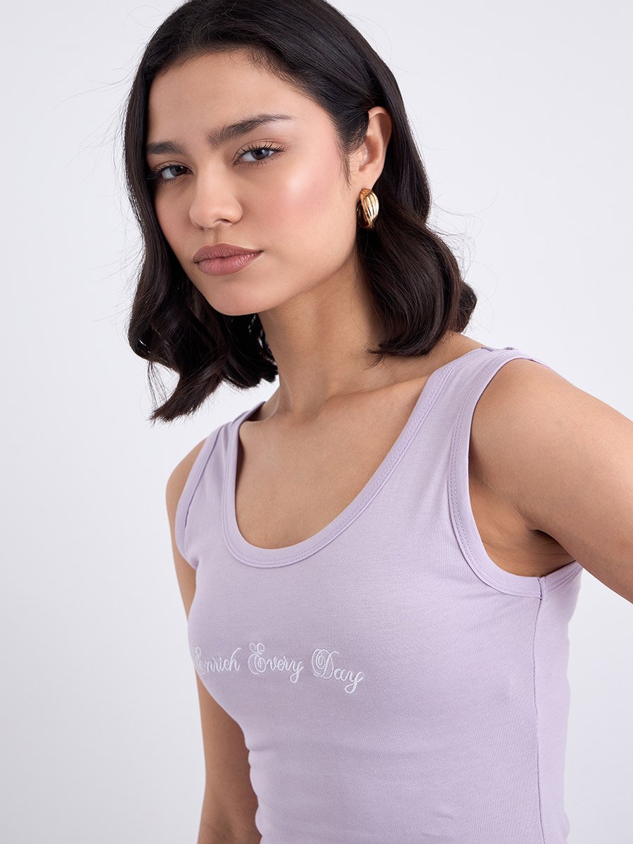 Lilac Fitted Embroidered 100% Cotton Tank