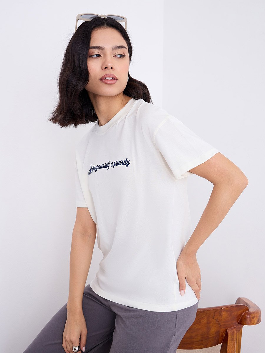 Embroidered Slogan Boxy Fit T-Shirt