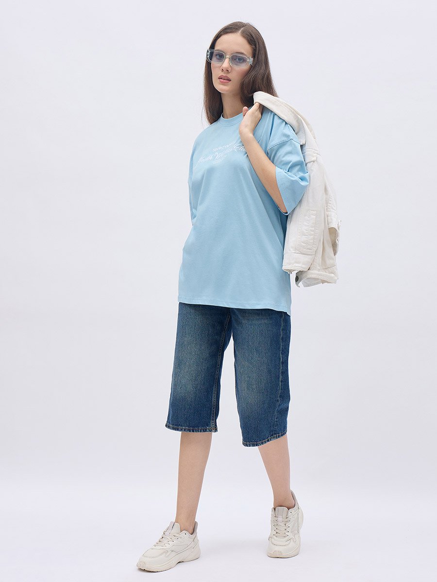 Embroidered Slogan Oversized 100% Cotton T-Shirt