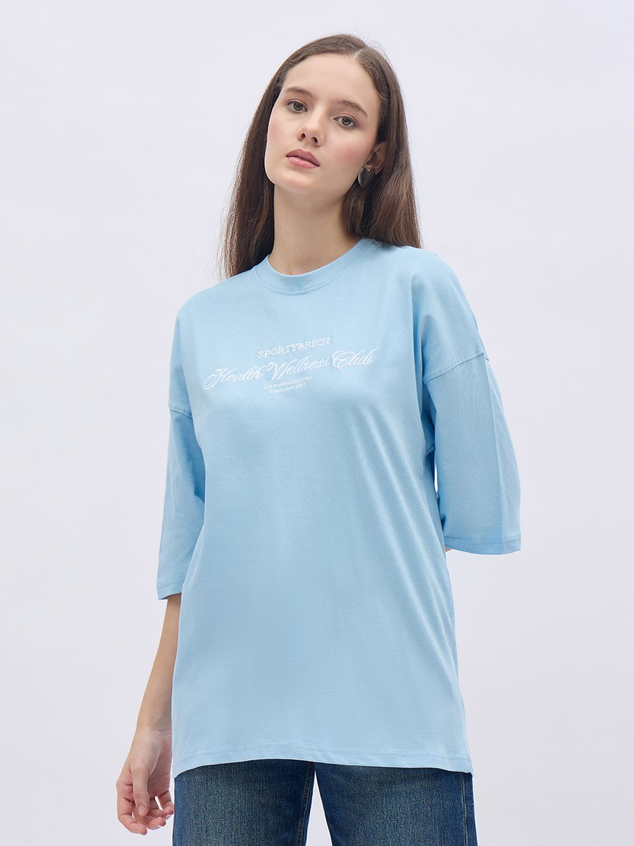 Embroidered Slogan Oversized 100% Cotton T-Shirt