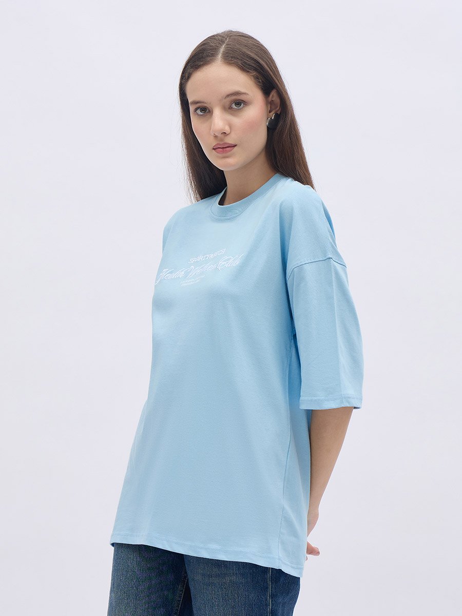 Embroidered Slogan Oversized 100% Cotton T-Shirt