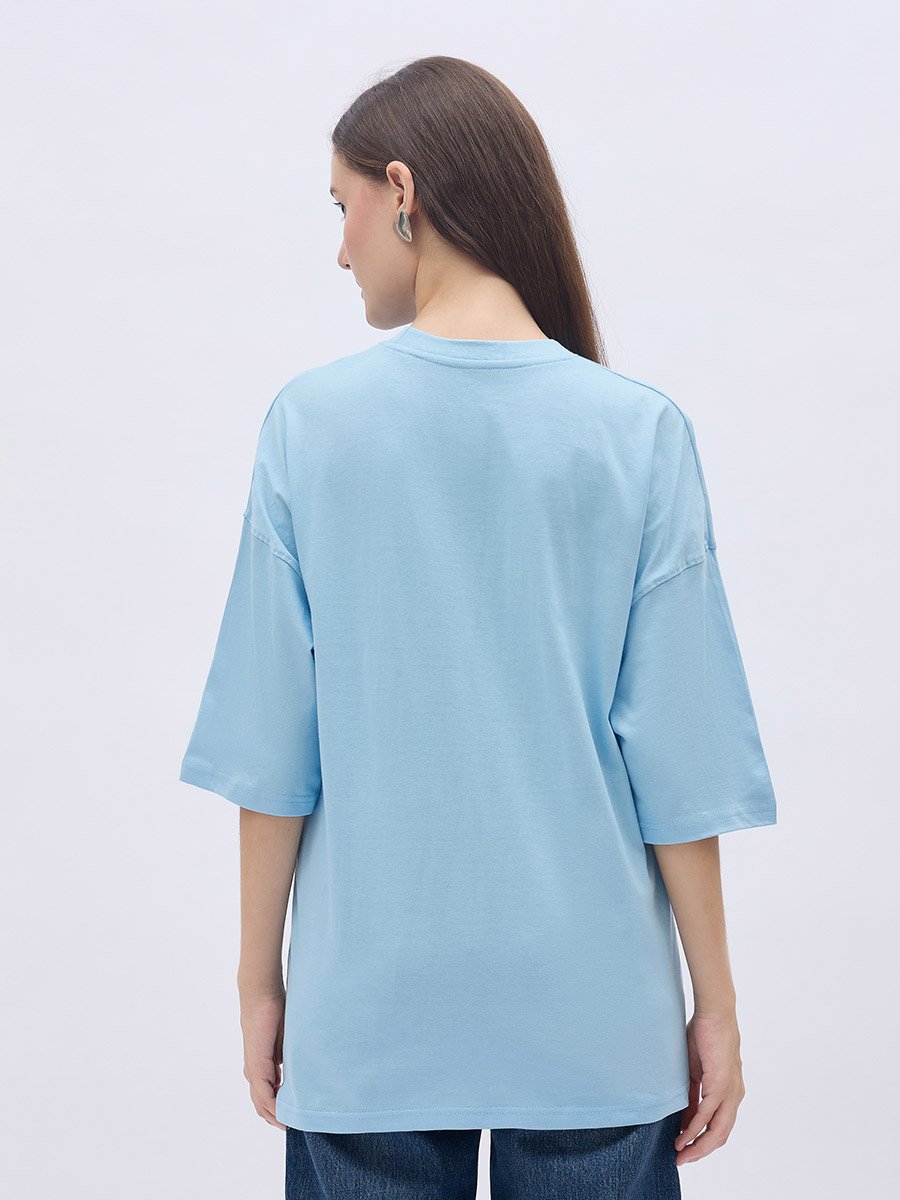 Embroidered Slogan Oversized 100% Cotton T-Shirt