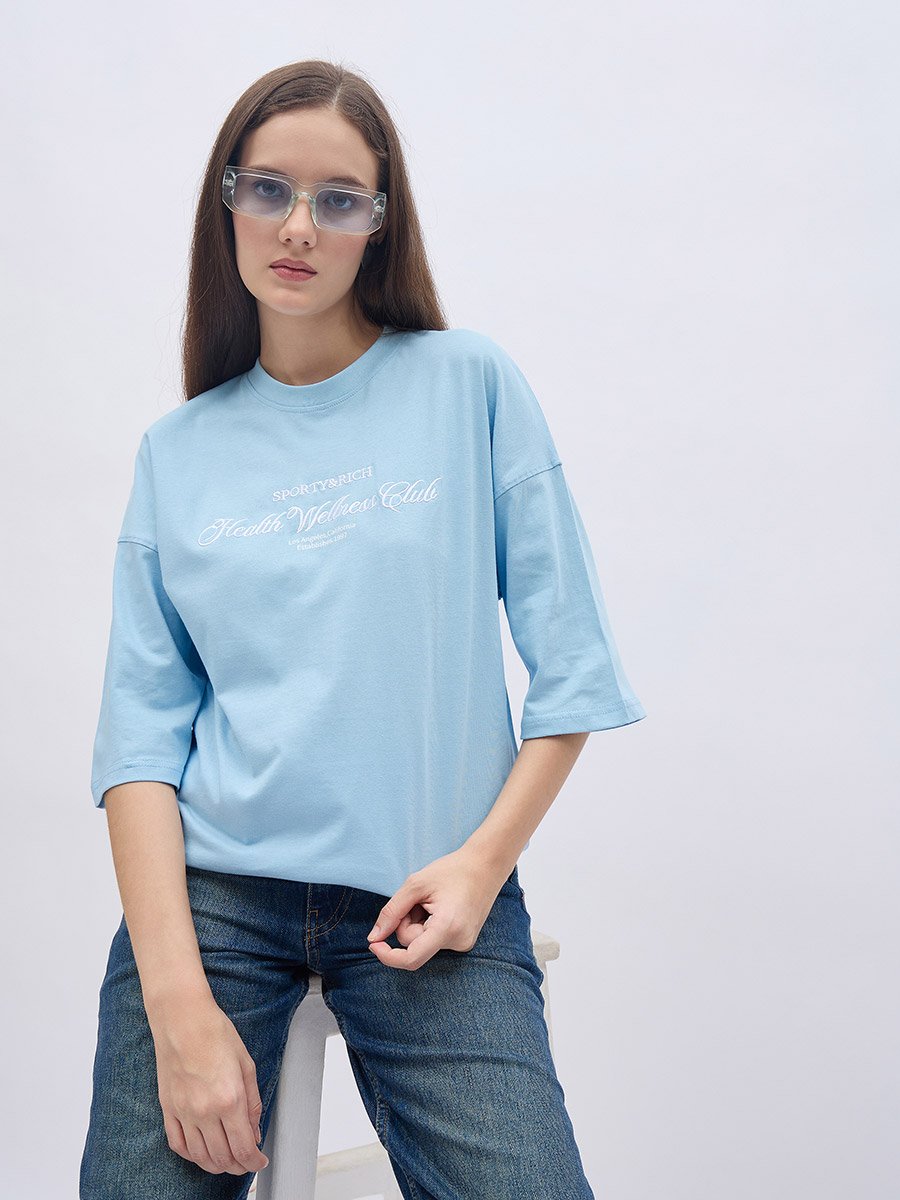 Embroidered Slogan Oversized 100% Cotton T-Shirt