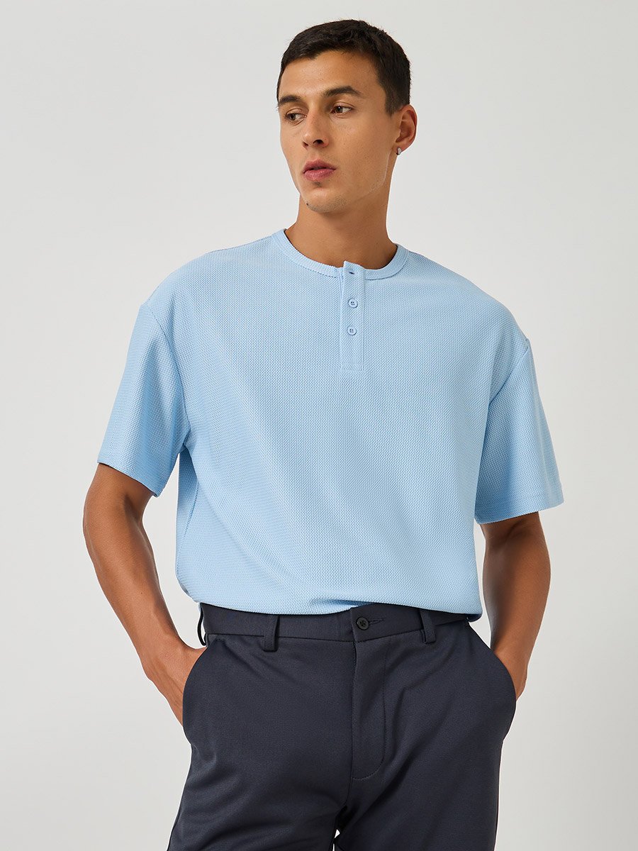 Men Textured Henley Neck Oversized T-Shirt