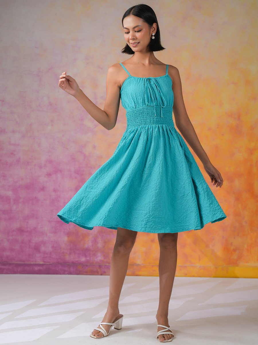 Smocked Waist Strappy Knee-Length Dress For Women at Saudi | Styli Smocked Waist Strappy Knee-Length Dress For Women at Saudi | Styli