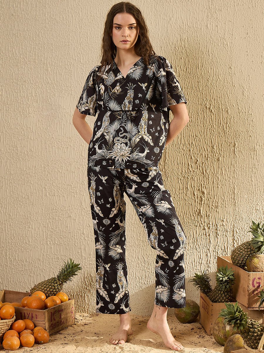 Black All-Over Print Short Sleeve Cotton Top and Pyjama Set