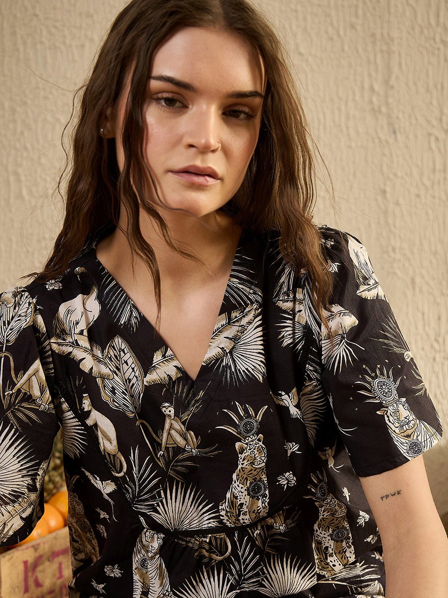 Black All-Over Print Short Sleeve Cotton Top and Pyjama Set
