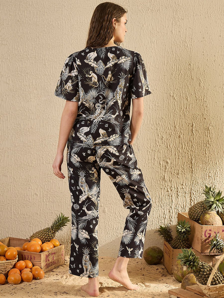 Black All-Over Print Short Sleeve Cotton Top and Pyjama Set