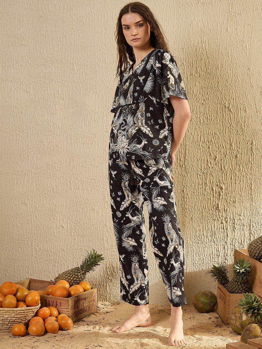 Black All-Over Print Short Sleeve Cotton Top and Pyjama Set