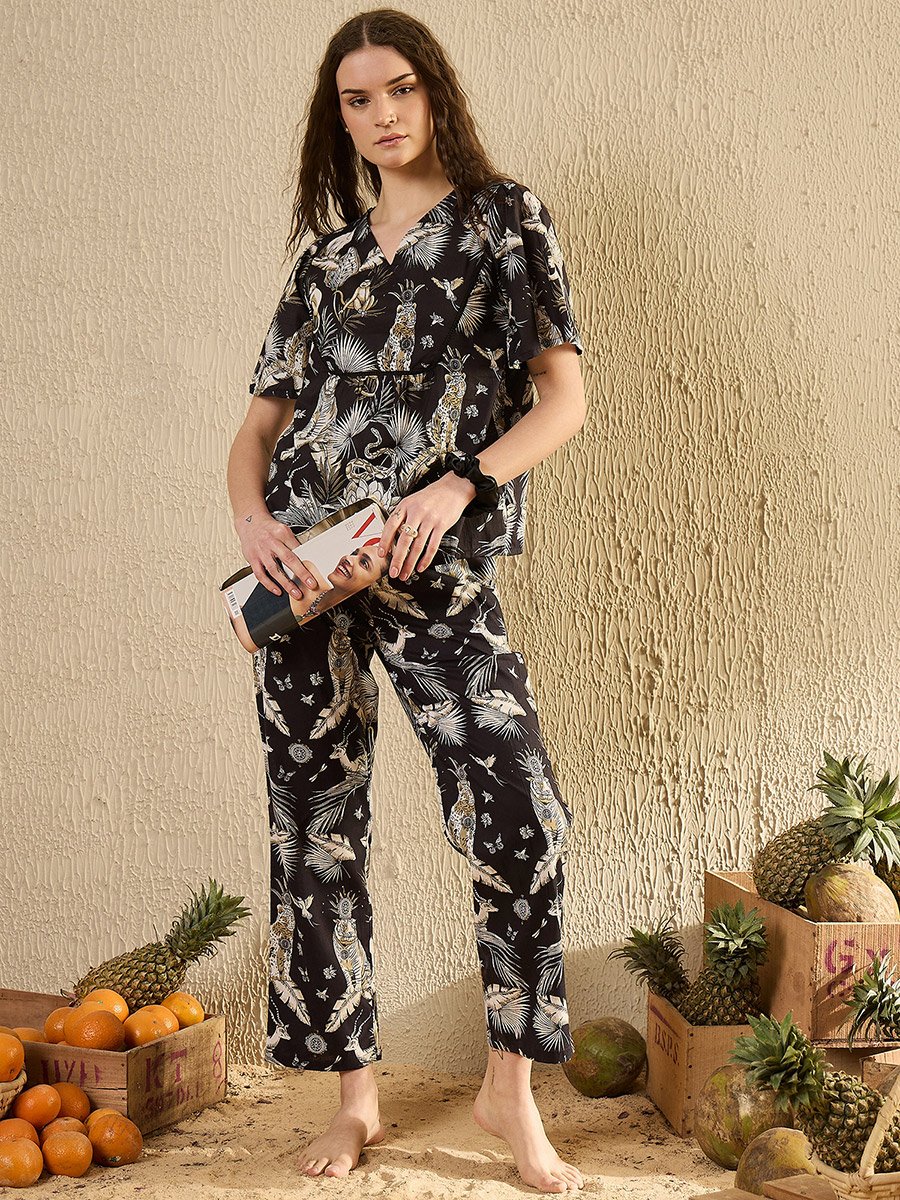 Black All-Over Print Short Sleeve Cotton Top and Pyjama Set