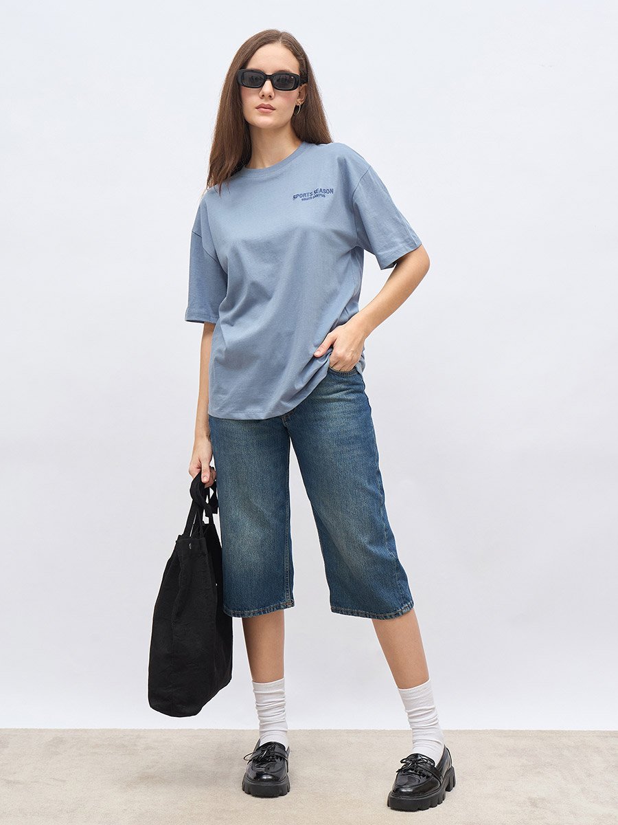 Embroidered Slogan Oversized 100% Cotton T-Shirt
