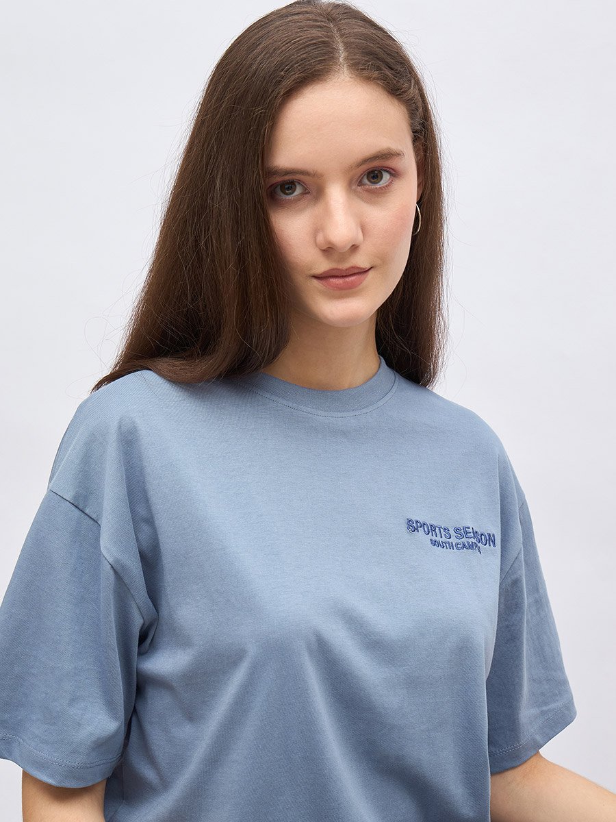 Embroidered Slogan Oversized 100% Cotton T-Shirt