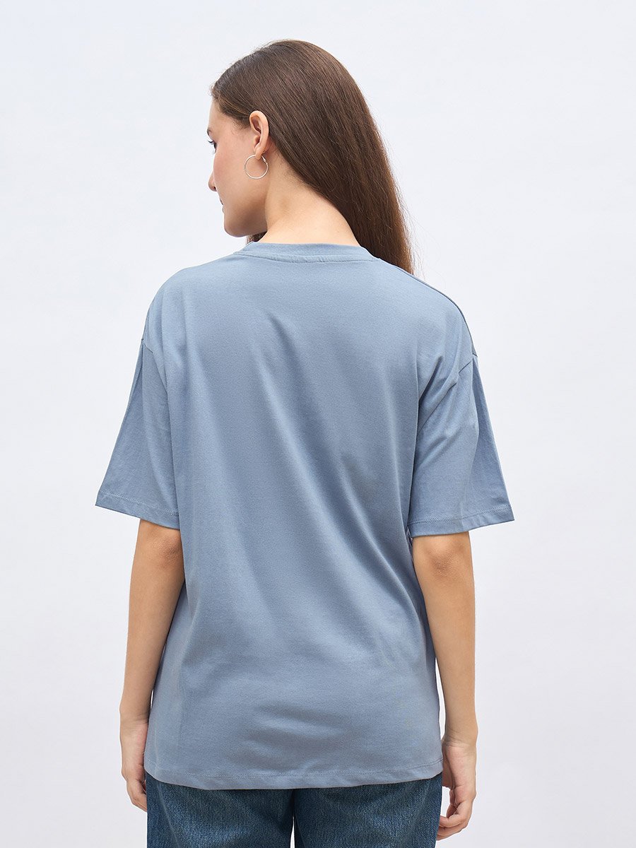 Embroidered Slogan Oversized 100% Cotton T-Shirt