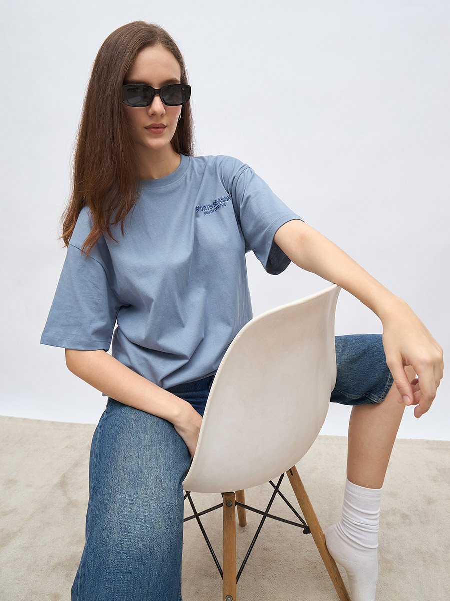 Embroidered Slogan Oversized 100% Cotton T-Shirt